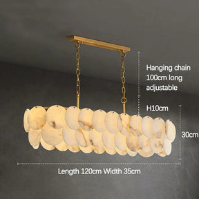 Moonshade Marble Dining Room Chandelier with natural Spanish marble and brass, adjustable hanging chain, dimensions 120cm x 35cm x 30cm.