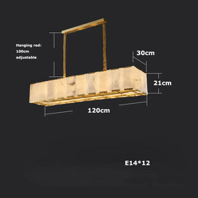 The Morsale.com Natural Marble Ceiling Chandelier is a rectangular hanging fixture featuring a natural marble-like design and multiple light bulbs. Measuring 120 cm in length, 21 cm in height, and 30 cm in width, it includes an adjustable 100 cm hanging rod. This elegant chandelier uses 12 E14 light bulbs to beautifully illuminate any space.