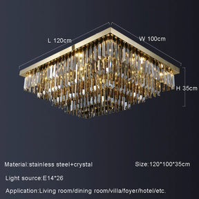 The **Gio Smoke Grey Crystal Ceiling Chandelier** by **Morsale.com** features a rectangular design with a gold frame and dangling, cascading smoke grey crystal prisms. Specifications on the image detail its elegant design, material as stainless steel and crystal, dimensions as 120x100x35 cm, light source as E14*26, and applications for versatile lighting in various room settings.