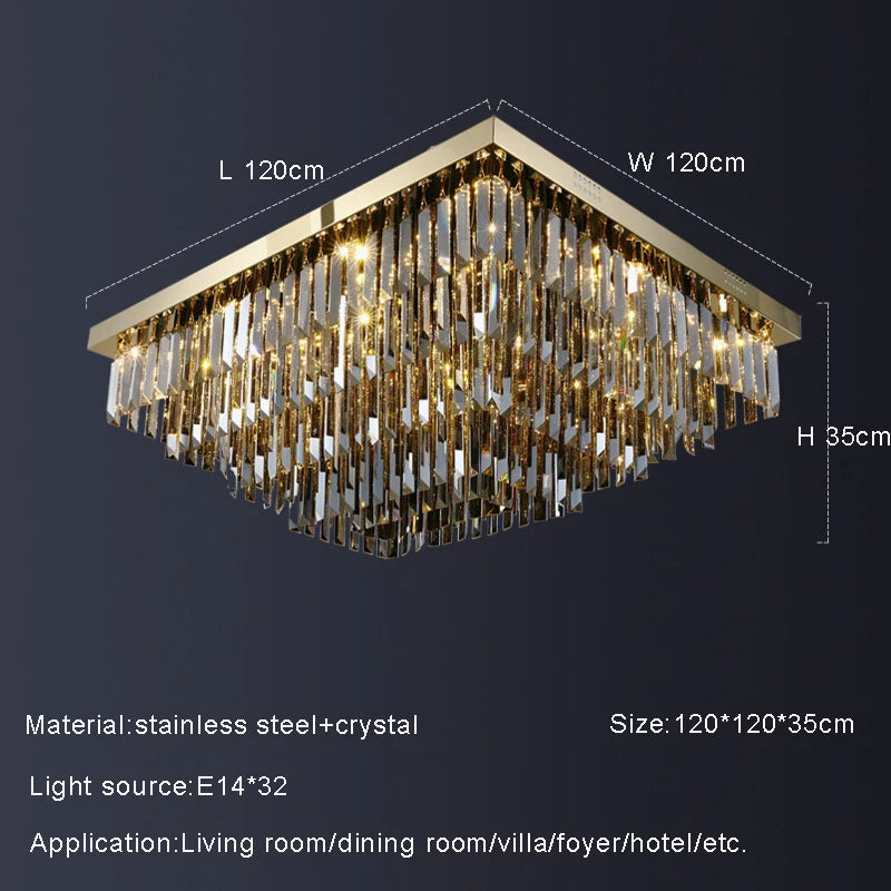 A square, gold Gio Smoke Grey Crystal Ceiling Chandelier by Morsale.com adorned with smoke grey crystal prisms measures L 120cm, W 120cm, and H 35cm. Featuring an elegant design with E14*32 light sources, this sophisticated fixture enhances living rooms, dining rooms, villas, foyers, hotels, and other versatile spaces.