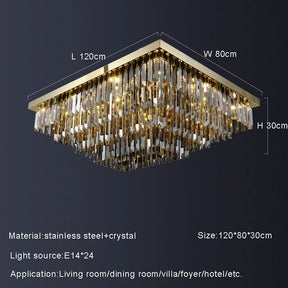 Introducing the Gio Smoke Grey Crystal Ceiling Chandelier by Morsale.com, a rectangular crystal ceiling chandelier with dimensions labeled: L 120 cm, W 80 cm, H 30 cm. This elegant design features smoke grey crystals, a stainless steel frame, and 24 E14 light sources. Versatile lighting makes it suitable for living rooms, dining rooms, villas, foyers, hotels, etc.