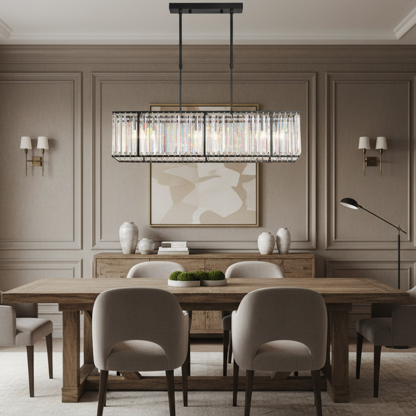 Elegant dining room with a wooden table, six upholstered chairs, neutral-toned paneled walls, decorative vases, framed art, soft natural lighting, and the Botega Crystal Dining Room Chandelier by Morsale.com as a stunning centerpiece.