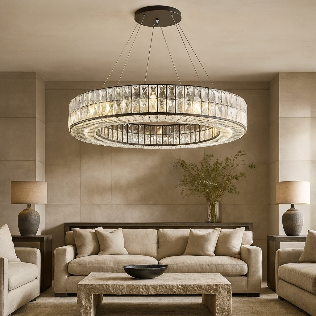 A modern living room showcases beige sofas, a stone coffee table, two table lamps, a black bowl, and the Hutton Crystal Modern Chandelier by Morsale.com. Neutral tones and minimal decor lend an elegant, serene atmosphere.
