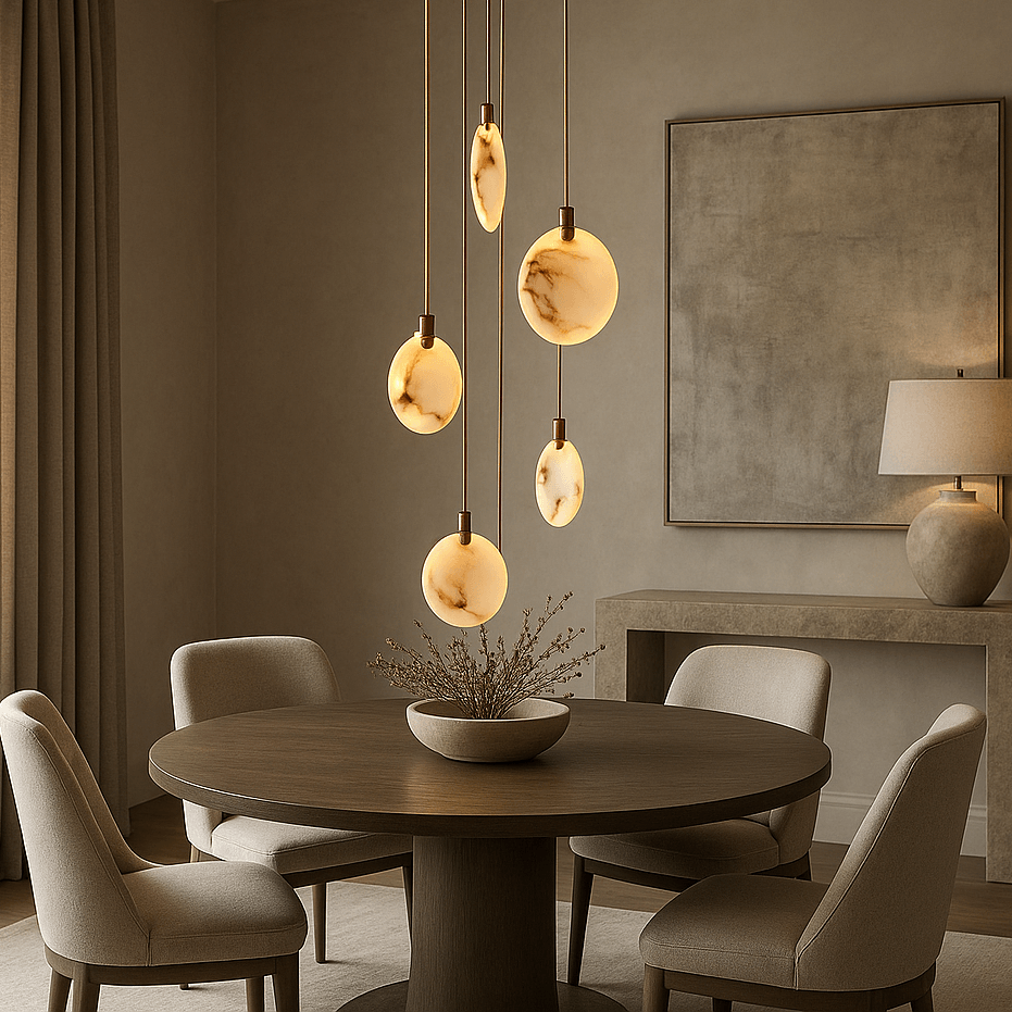 A modern dining room with a round wooden table, four upholstered chairs, a decorative bowl of dried plants, and the Moonshade 5-Pendant Marble Chandelier by Morsale.com hanging above, with a sideboard, lamp, and neutral walls and curtains.