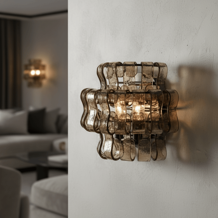 A close-up of the Riviera Sconce by Morsale.com, featuring sculptural curved glass with a bronze tint, is mounted on a light wall in a modern living room. A matching sconce and sofa appear in the softly lit background, showcasing luxury lighting.