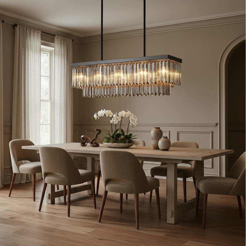 Elegant dining room featuring a wooden table, six beige upholstered chairs, the Gio Crystal Dining Chandelier by Morsale.com above, large window with sheer curtains, decorative vases, and a white orchid centerpiece.