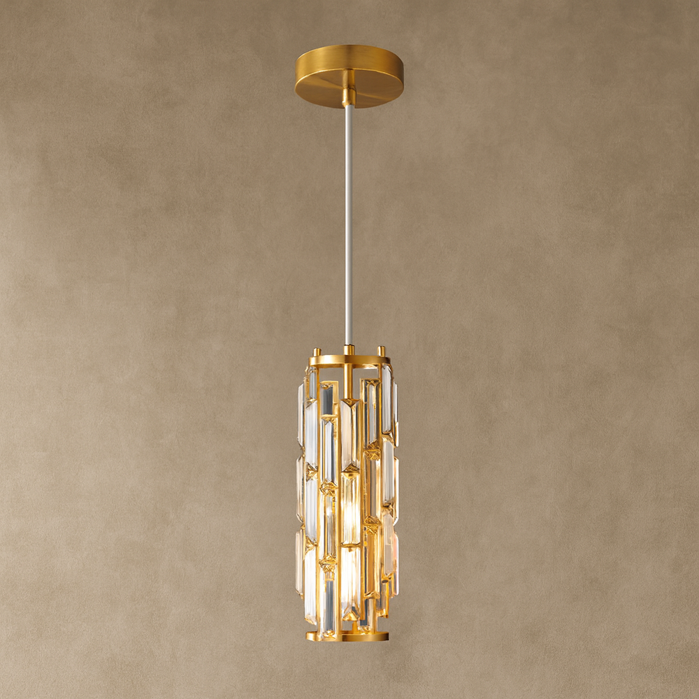 
                  
                    The Morsale.com Astoria Crystal Cage Pendant hangs elegantly, with layered rectangular crystals creating a modern look—ideal for kitchen island lighting against a neutral beige backdrop.
                  
                