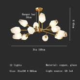 A golden ceiling Multi Pendant Modern Chandelier with 12 glass lights resembling flowers, size dimensions and material details included. Background is gray and text descriptions surround the image. Brand: Olga.