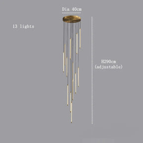 Introducing the Grande Brass Entryway Pendant Light Fixture by Morsale.com, a modern lighting piece with a polished gold finish. It features 13 dimmable LED pendant lights suspended at varying lengths. The fixture has a diameter of 40 cm and an adjustable height of up to 290 cm, set against a plain grey background.