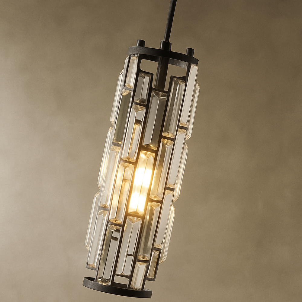 
                  
                    The Crystal Pendant Light For Kitchen Island by Morsale.com features a black metal frame and rectangular glass panels, casting a warm glow with its geometric design—an elegant handmade fixture perfect for any softly-lit kitchen island.
                  
                