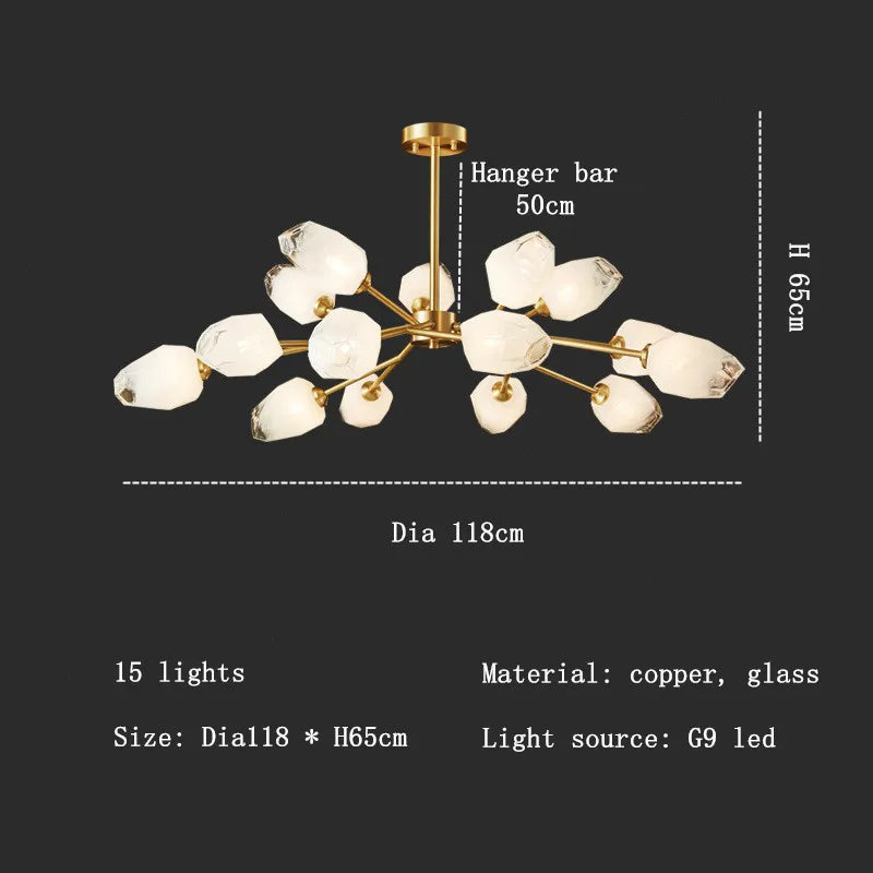 A modern ceiling chandelier with a brass structure and multiple glass light bulbs, providing dimensions and details such as size, materials, and light source type on a neutral background.