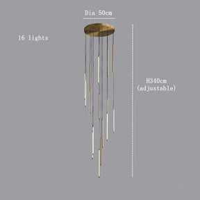 The Grande Brass Entryway Pendant Light Fixture by Morsale.com is a modern chandelier featuring 16 dimmable LED lights of varying lengths. Each light is suspended from thin wires connected to a round, polished gold finish base. The dimensions of the fixture are diameter 50 cm and adjustable height up to 340 cm. It is displayed against a plain gray background.