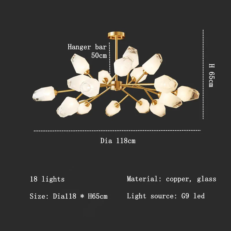 A Olga multi pendant modern chandelier with a brass structure supporting 18 opaque glass lights, diagrammatically presented with dimensions and details like material (brass, glass) and light source (G9 LED).