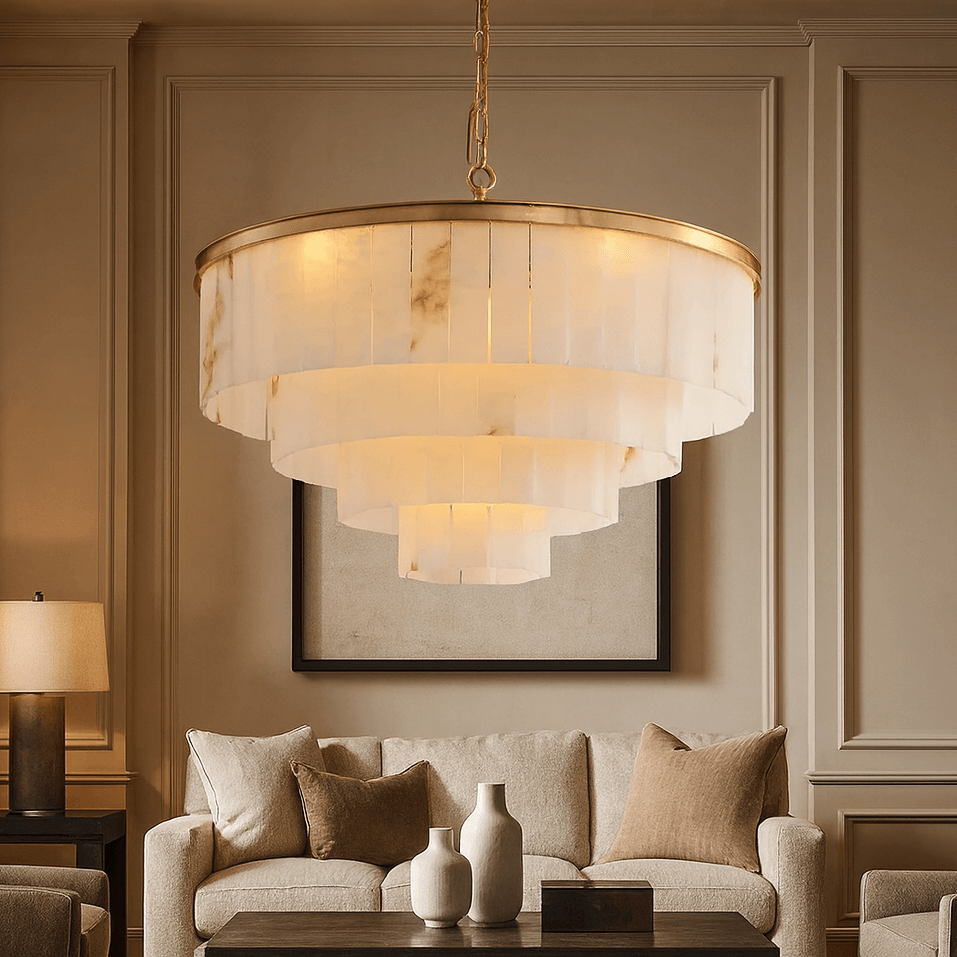 
                  
                    The Morsale Aurora Marble Round Chandelier hangs above a beige sofa in a refined living room featuring neutral-toned walls, decorative molding, and minimalistic decor.
                  
                