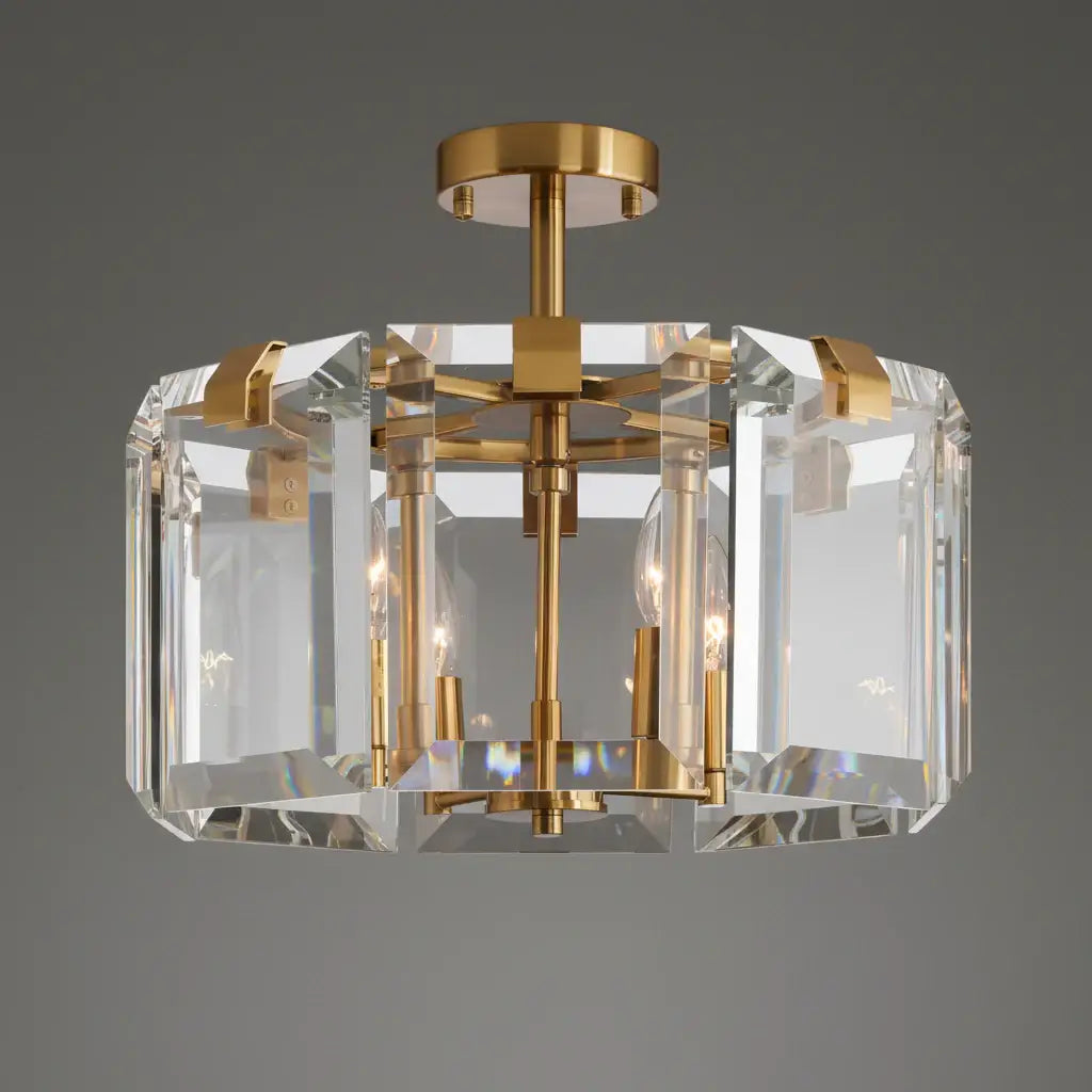 The Brookhill Flush Mount by Morsale features a gold metal frame with large faceted clear glass panels and exposed bulbs, creating a modern luxury lighting piece against a plain gray background.