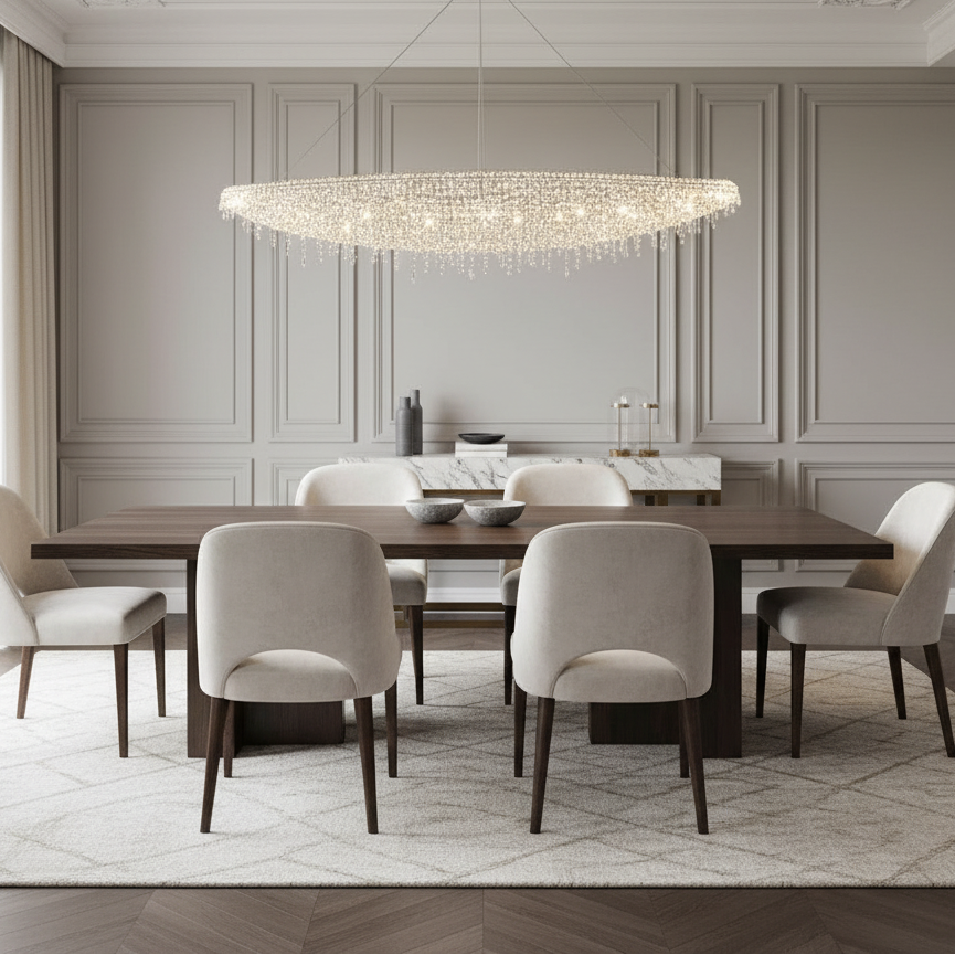 Modern dining room with a long wooden table and white chairs, featuring a large ceiling light fixture.