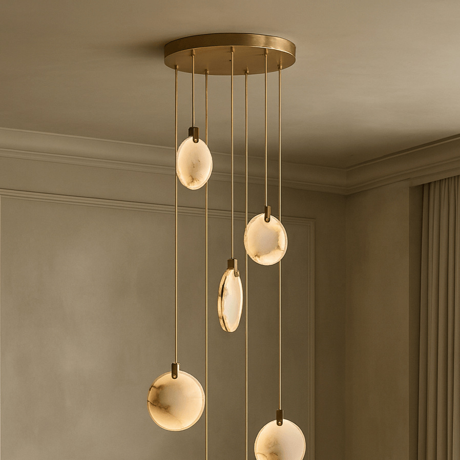 
                  
                    The Moonshade 5-Pendant Marble Chandelier by Morsale.com features five marble glass discs hanging at different lengths from a gold mount, creating sculptural LED lighting in a neutral room with a curtain on the right.
                  
                