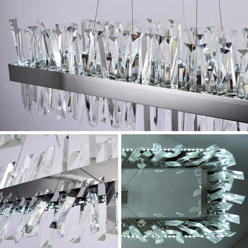 The Calvi Crystal Dining Room Chandelier by Morsale.com is a modern piece featuring rectangular metallic silver frames adorned with multiple dangling, handmade crystals. Shown from three angles, this luxurious chandelier's crystals create a radiant, reflective display of light.