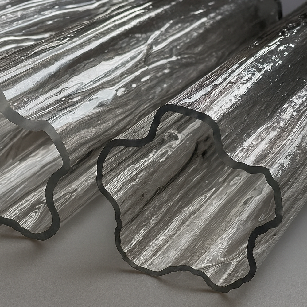 
                  
                    Two clear, wavy-edged glass tubes rest on a light surface, reflecting the glossy, organic shapes and rippled texture featured in Morsale’s Burney Modern Chandelier 29".
                  
                