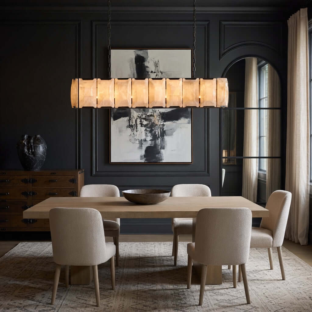 Brookhill 47" Calcite Linear Rectangular Chandelier illuminating an elegant dining room with modern decor.