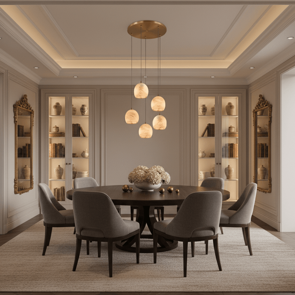 Elegant dining room with a round table, six gray chairs, and a floral centerpiece illuminated by the Auris 5-Light Marble Chandelier from Morsale.com. Built-in shelves display books and vases; two ornate mirrors accent beige paneled walls for a cozy feel.