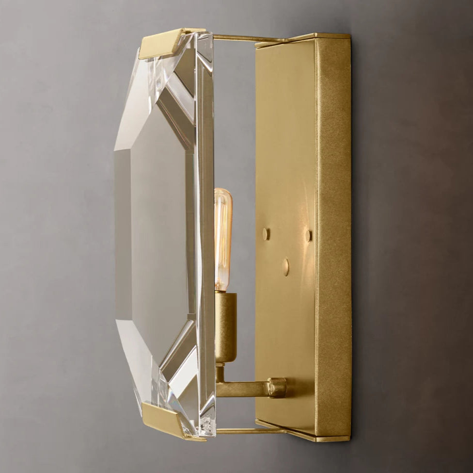 
                  
                    The Brookhill Crystal Wall Sconce by Morsale.com features a gold finish, rectangular backplate, and clear faceted glass shade with an exposed bulb—ideal for bringing modern luxury lighting to any space.
                  
                