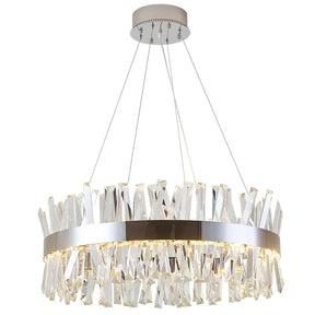 The Calvi Crystal Modern Chandelier by Morsale.com features a luxurious LED dimmable design with a circular metallic frame adorned with numerous crystal-like prisms. These prisms hang from the frame, creating a shimmering effect. This modern chandelier is elegantly suspended by thin wires from a round ceiling mount.