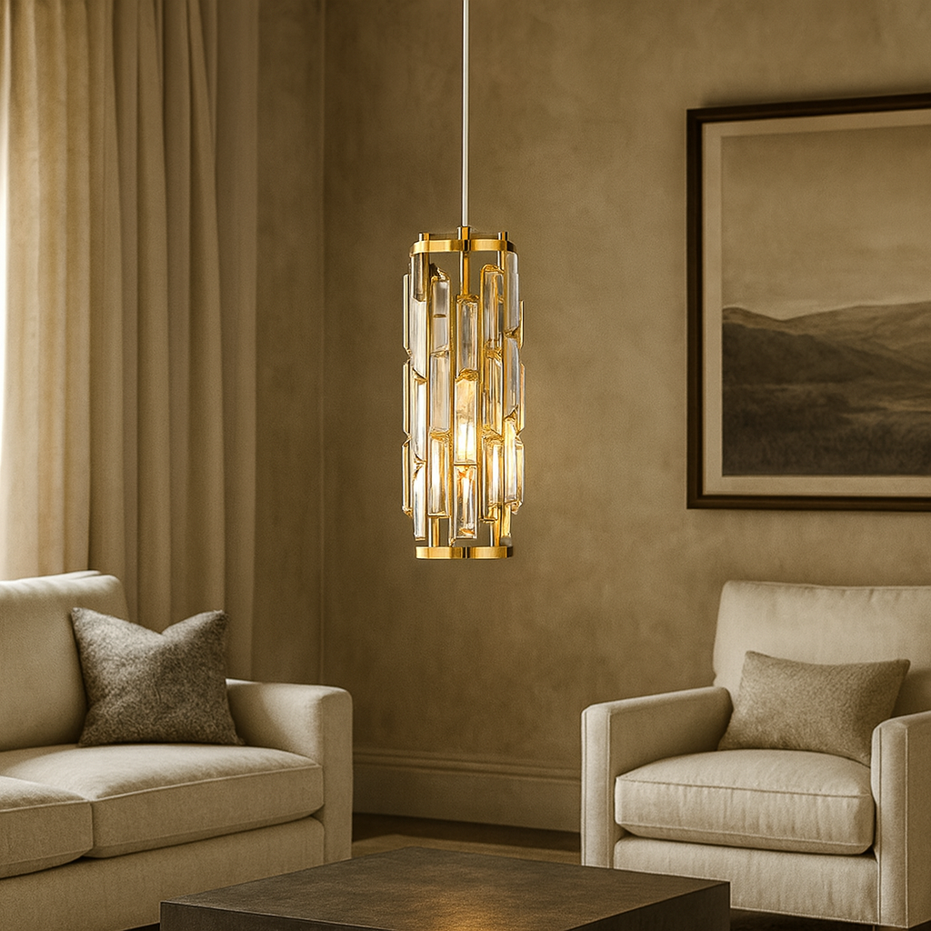 A modern living room with beige walls, a sofa, an armchair, and a coffee table. The Morsale.com Astoria Crystal Cage Pendant hangs from the ceiling, casting a warm glow on a framed landscape art piece.