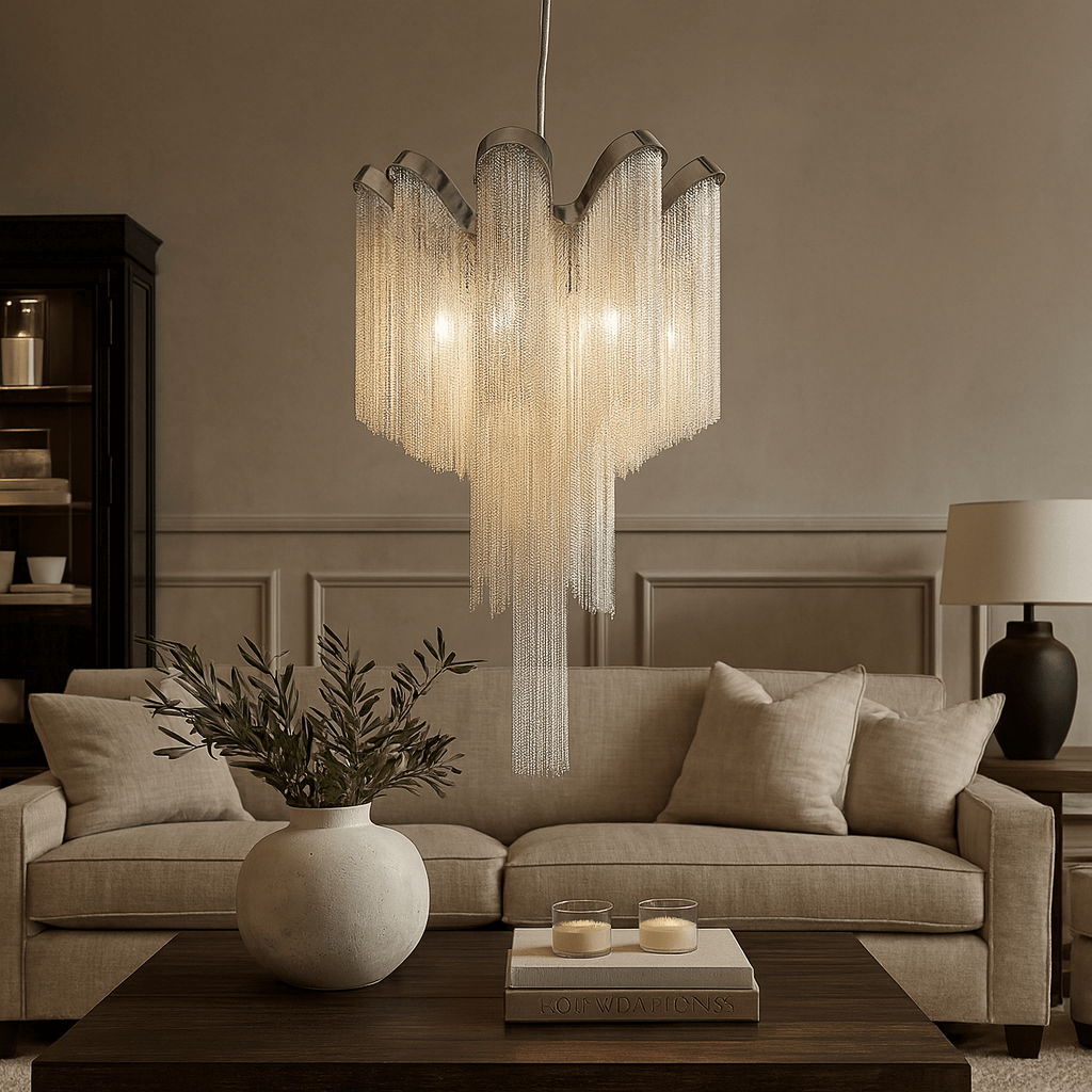 A modern living room with a beige sofa, wooden coffee table, and the Cadena French Empire Chandelier by Morsale.com as an elegant chain tassel ceiling light fixture.