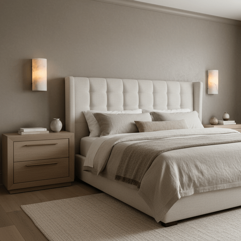 A modern bedroom with a beige upholstered bed, neutral bedding, wooden nightstands, and the Morsale Auris Marble Wall Sconce. The space features minimal decor, soft lighting, and a calm, neutral color palette.