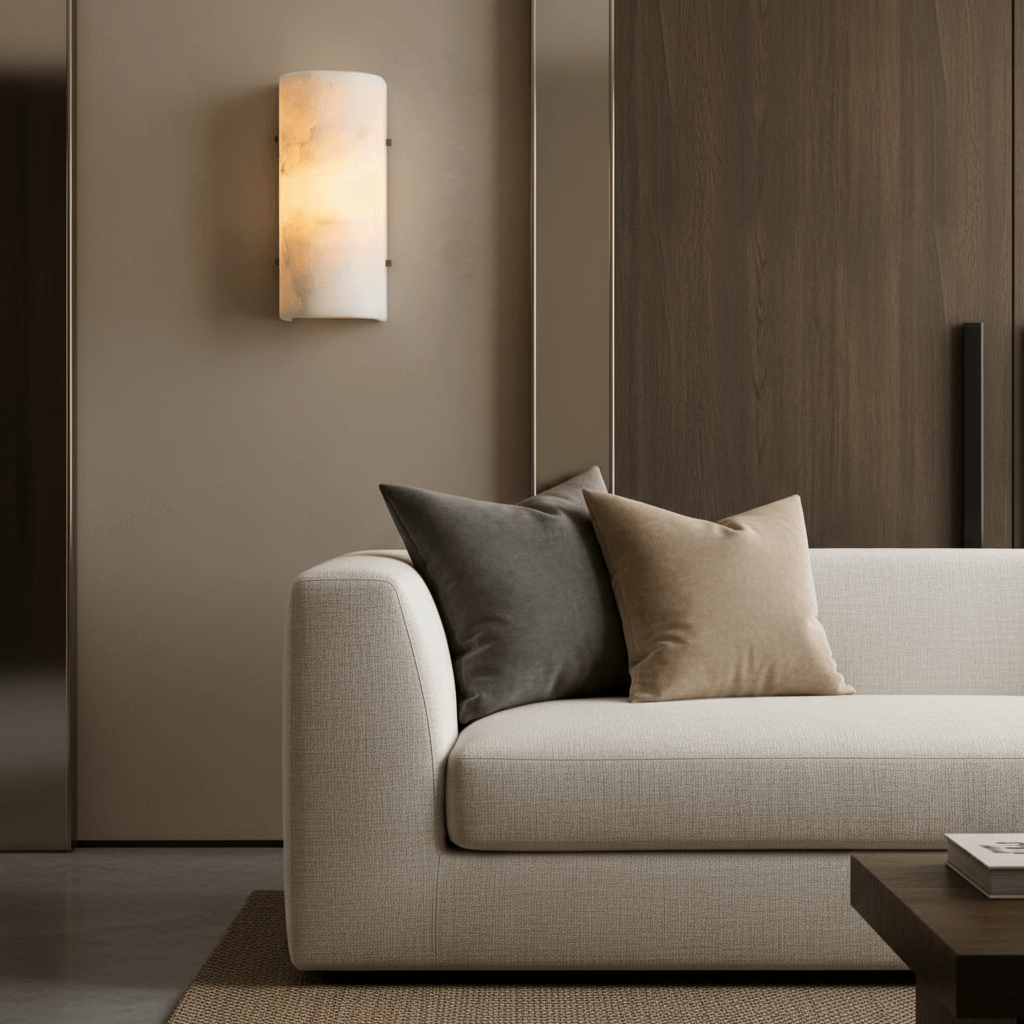 A modern living room with a cream sofa, black and beige throw pillows, wooden wall, the Morsale Auris Marble Wall Sconce, and part of a wooden coffee table on a beige rug.