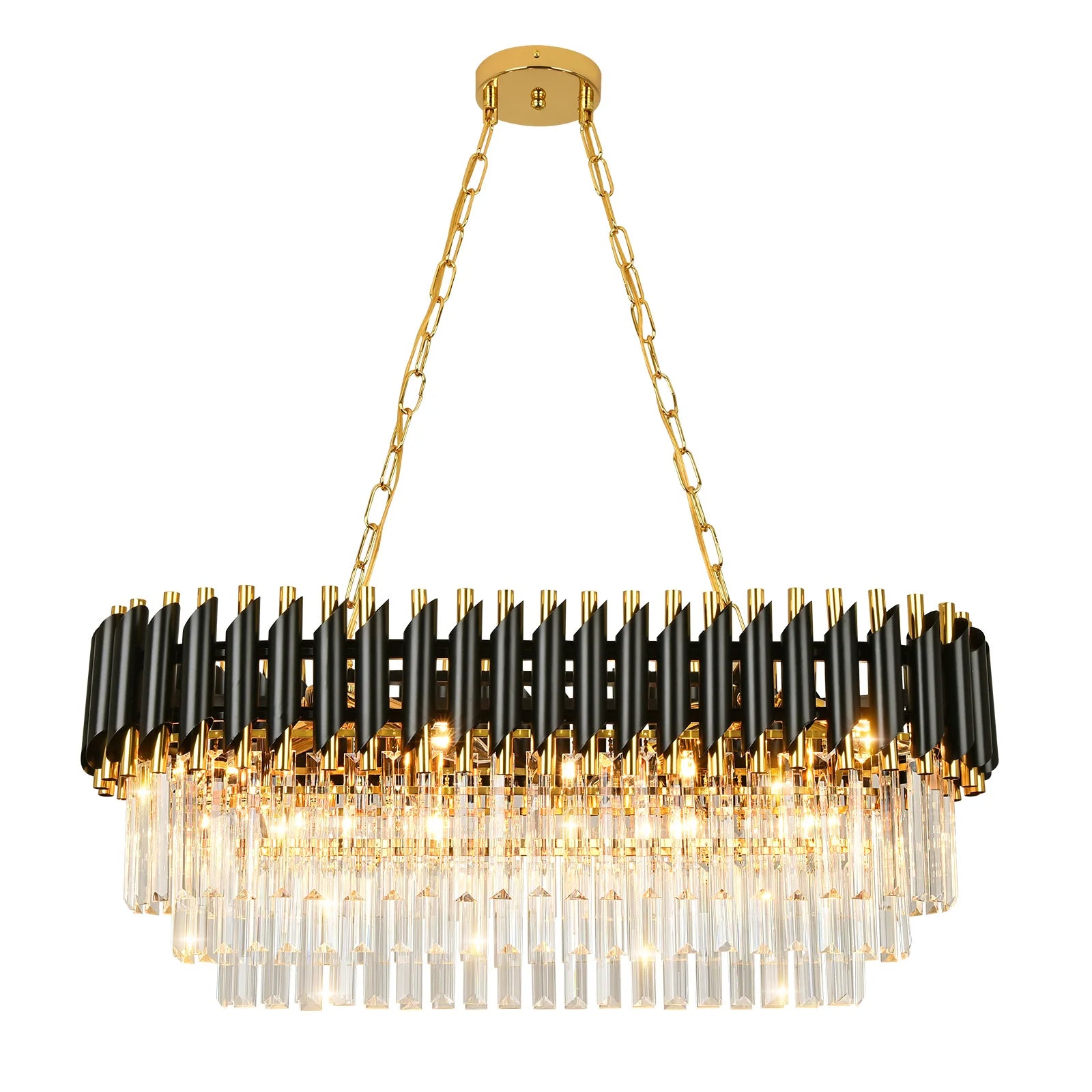 A Verano Crystal Dining Room Light Fixture by Morsale.com with an oval frame featuring alternating black and gold rods. Boasting contemporary design, it has multiple tiers of clear crystal prisms that emit a radiant glow. The dimmable chandelier is suspended by a golden chain attached to a gold ceiling plate.