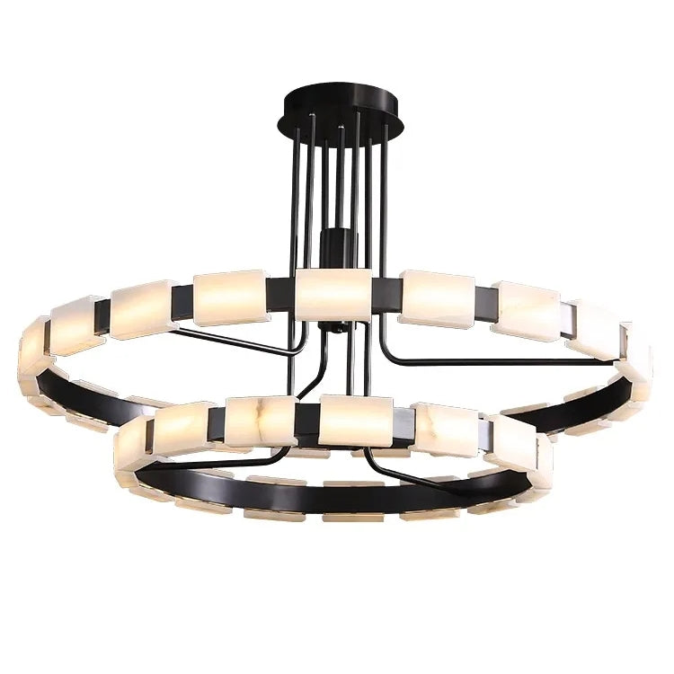 An elegant, modern chandelier with two circular rows of alternating black metal and frosted glass rectangles. The fixture hangs from a black base with vertical rods, creating a striking and contemporary Mid-Century Modern lighting piece, the Villa Marble Mid-Century Modern Chandelier by Morsale.com.