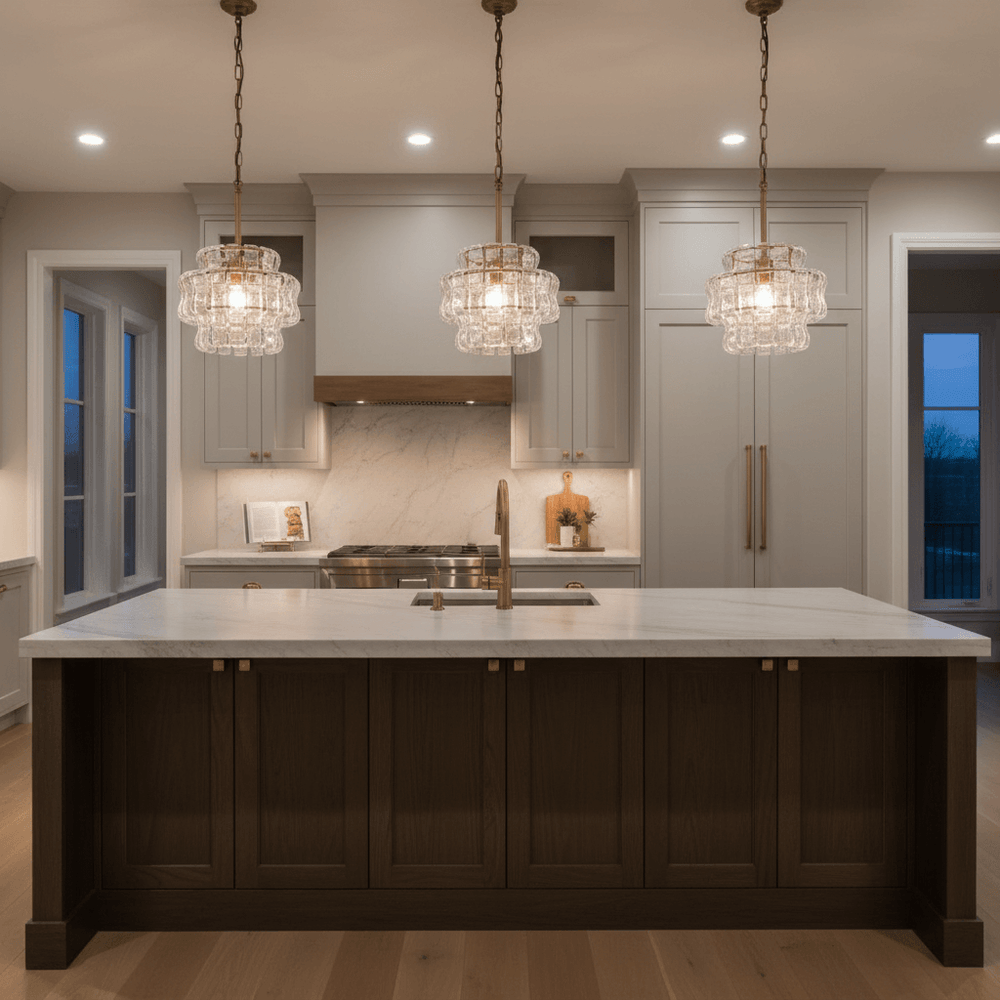 A modern kitchen features a large island with marble countertop, dark wood cabinetry, gold fixtures, and three Morsale Riviera Pendant lights. Light gray cabinets and a marble backsplash complete the softly lit, elegant space.