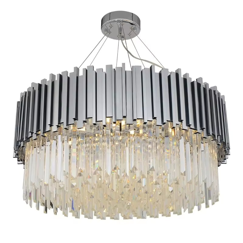 A modern chandelier with a cylindrical design, the Gio Crystal Contemporary Chandelier by Morsale.com, hangs from the ceiling. It features multiple vertical metallic bars on the upper half and cascading crystal prisms on the lower half, creating a sparkling and elegant effect that epitomizes contemporary chandelier aesthetics.