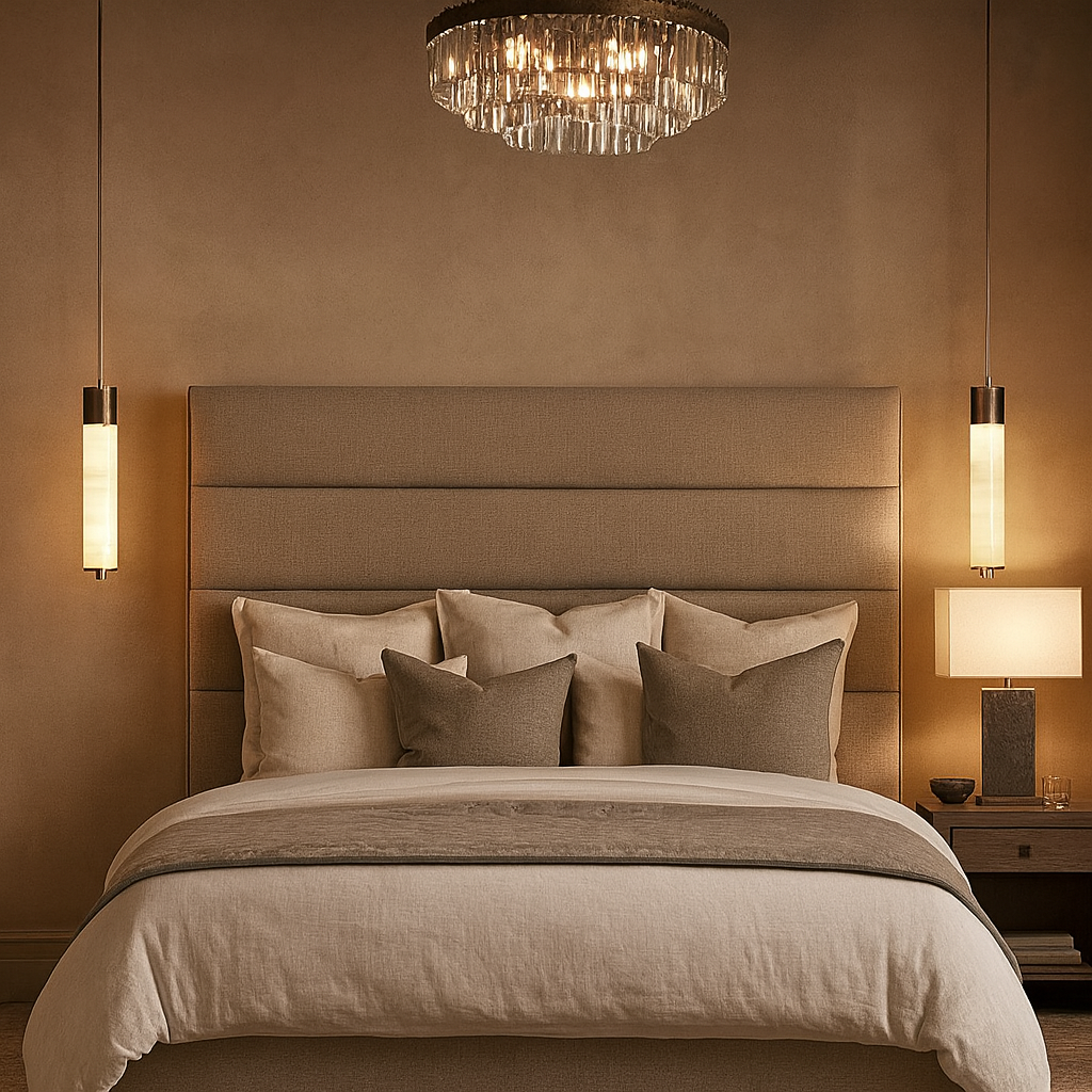 A modern, cozy bedroom features a beige upholstered headboard, neutral bedding, five pillows, and warm earthy tones. Sorella Marble Pendant lights by Morsale.com and a crystal chandelier provide elegant minimalist lighting for a serene atmosphere.