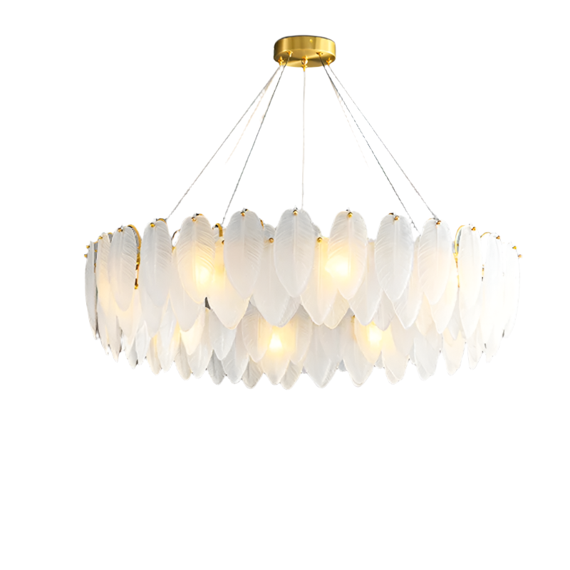 The Foglia Modern Chandelier by Morsale.com is a luxurious lighting fixture composed of multiple layers of white, leaf-shaped glass pieces suspended from thin cords attached to a gold ceiling mount. With its built-in LED light source, this chandelier emits a soft, warm glow that beautifully enhances the mood lighting in any modern, minimalistic room with beige walls.