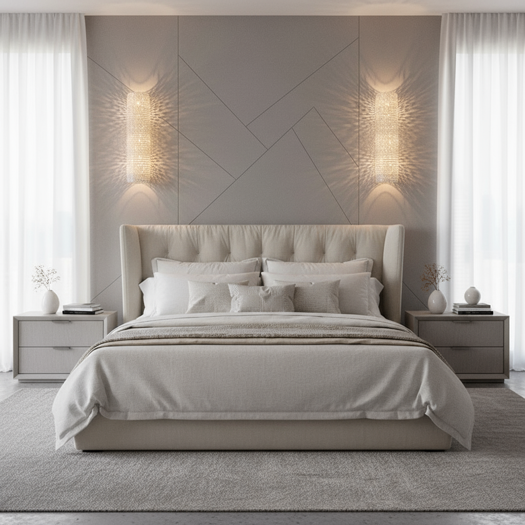 A modern bedroom features a large upholstered bed with neutral bedding, two matching nightstands, minimalist decor, and soft lighting from Bergamo Crystal Wall Sconces by Morsale.com. Floor-to-ceiling curtains complete the serene atmosphere.