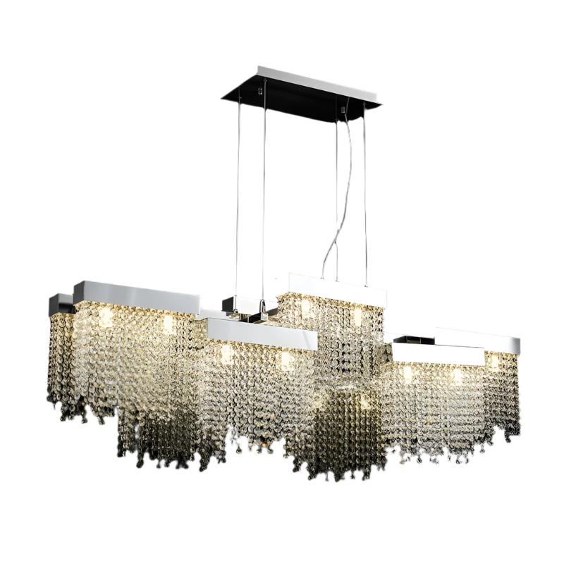 A sleek and modern lighting solution, the Alleri Crystal Dining Room Chandelier by Morsale.com boasts a rectangular design with multiple layers of hanging crystal beads that cascade from a polished silver base. Its LED bulbs illuminate the crystals to create a dazzling effect against a black backdrop, exuding contemporary elegance.