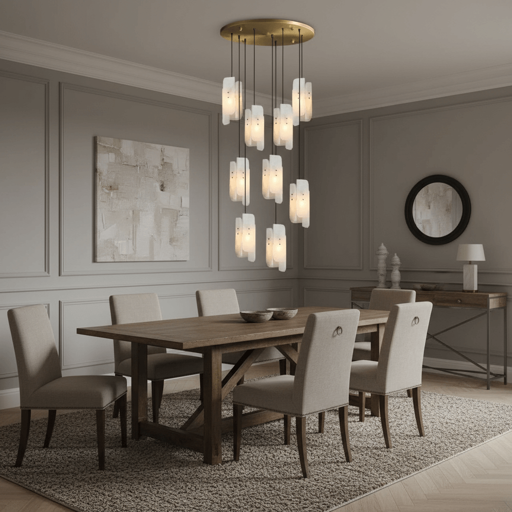 A modern dining room features a wooden table, six beige upholstered chairs, a beige rug, Morsale’s Lunara Marble Chandelier for luxury lighting, gray paneled walls with abstract art, and a round mirror above the sideboard.