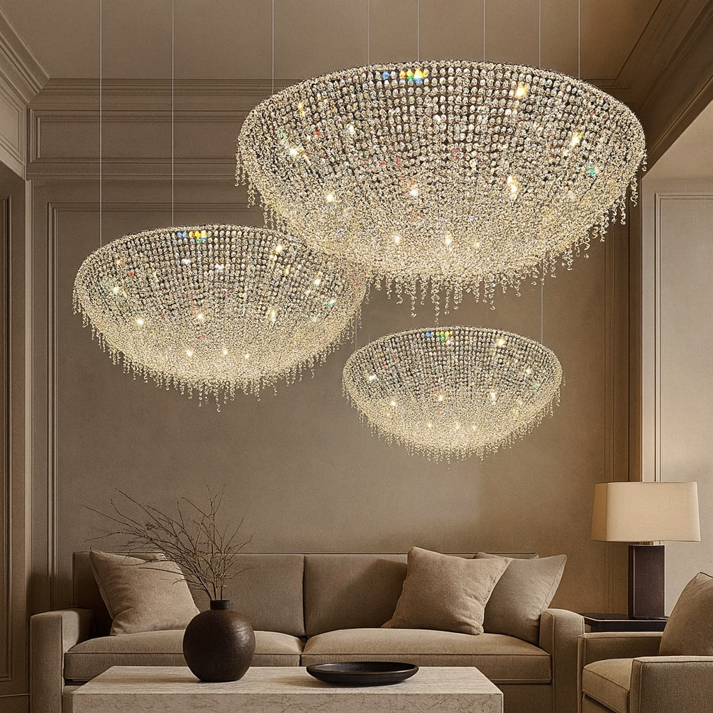 Three large Adena Crystal Tassel Chandeliers from Morsale.com illuminate an elegant living room with neutral walls, a beige sofa, a minimalist vase on a small table, and a table lamp.