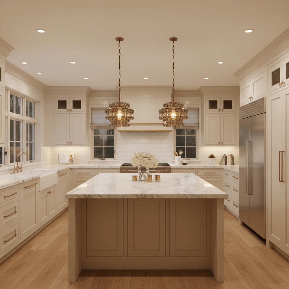 Modern kitchen with marble island, stainless steel appliances, and pendant lights.