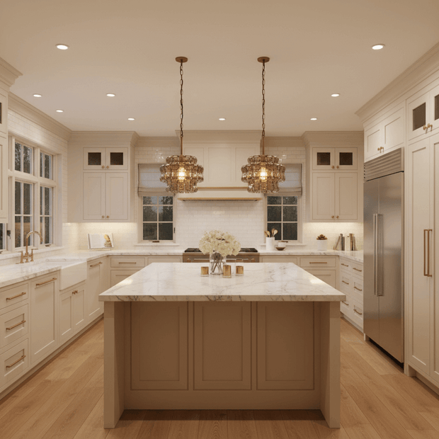 Riviera smoke glass pendant lights over a luxury kitchen island