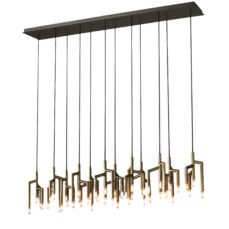 The 48-Light Dining Room Ceiling Light Fixture by Morsale.com boasts a sleek design with multiple vertical brass rods hanging at various lengths, each terminating in small individual G9 LED light bulbs. This contemporary chandelier is elegantly suspended from a rectangular ceiling mount against a plain gray background.