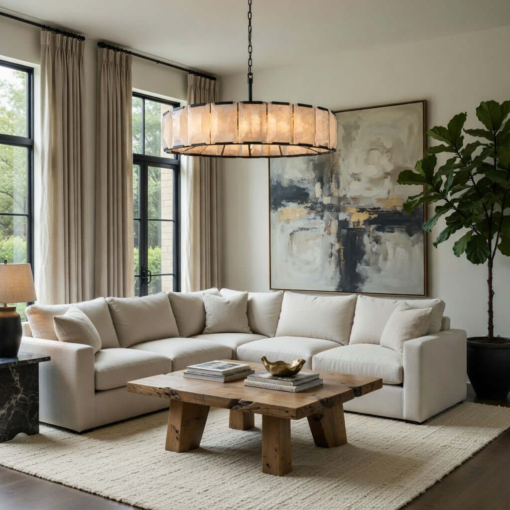 Living room featuring Brookhill Calcite Round Chandelier 43" above a cozy sectional sofa with a wooden coffee table.