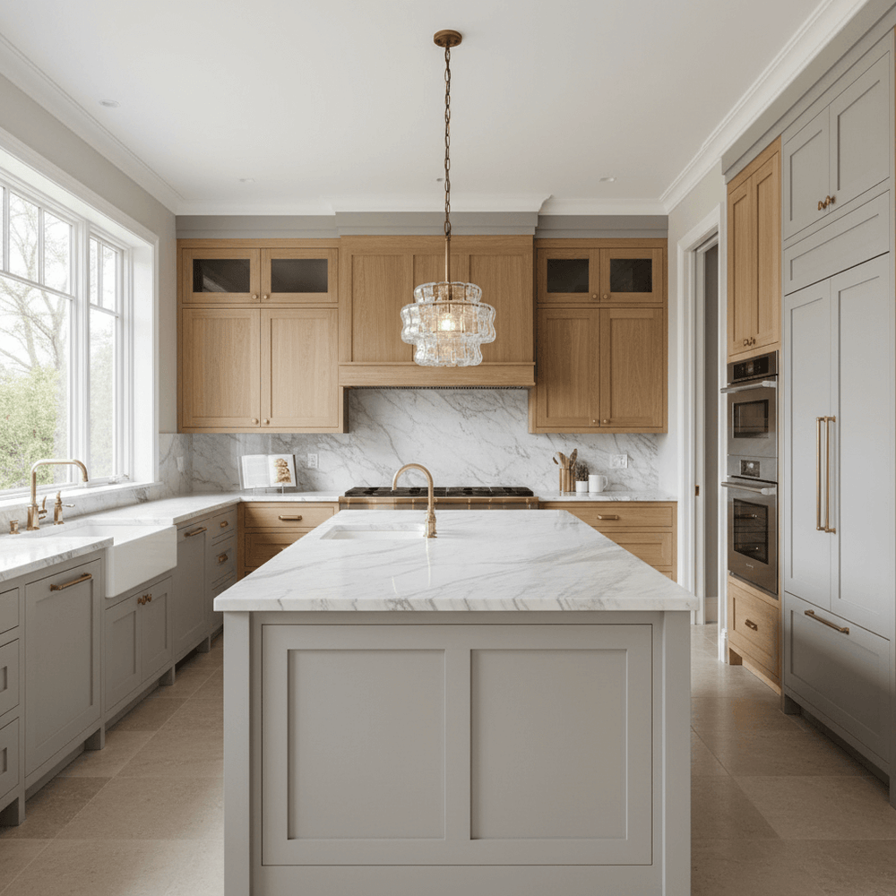 
                  
                    A modern kitchen with light wood and gray cabinets, a marble island, gold faucet, and the Morsale Riviera Pendant illuminates the space. Sunlight pours through a large window, highlighting the clean, elegant design.
                  
                