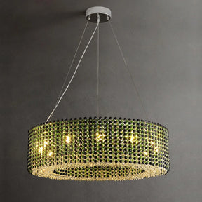 The Alleri Crystal Beads Luxury Chandelier from Morsale.com exudes elegance with its circular shape as it gracefully hangs from the ceiling. It features a stunning arrangement of clear crystals interspersed with vibrant multicolored ones, such as green and yellow, which emit a warm glow against the dark background.