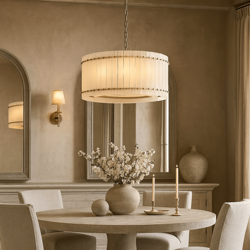 A beige dining room features a round table, four chairs, white flowers in a vase, two candles, wall mirrors, and a ceramic vase on the sideboard. The Morsale Valmont Marble Round Chandelier 24" adds elegance to the minimalist decor.