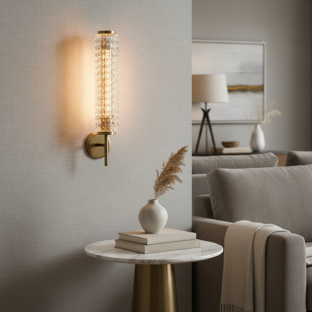 The Valette Crystal & Copper Wall Sconce by Morsale.com casts a warm glow above a round marble side table, adding modern elegance beside a beige sofa in a stylish, softly lit living room.