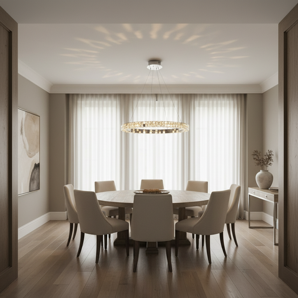 
                  
                    A modern dining room with a round table, eight cream chairs, sheer curtains over large windows, minimalist decor, and the Langley Crystal Ring Chandelier by Morsale.com overhead.
                  
                